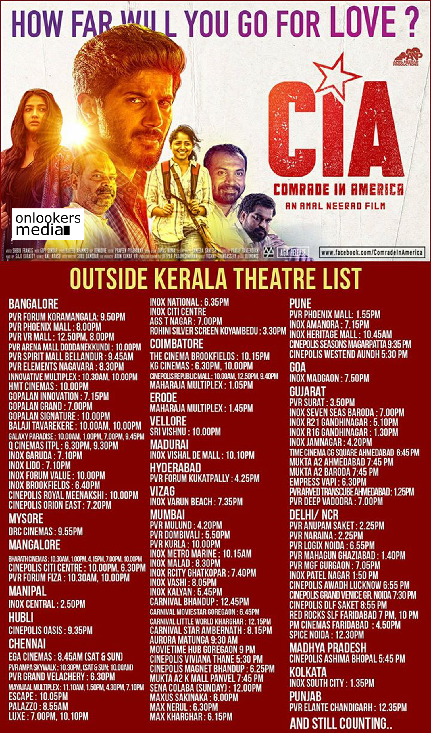 CIA theatre list, CIA malayalam movie, comrade in america, malayalam movie 2017, dulquer next movie, dulquer amal neerad, cia outside kerala theatre list