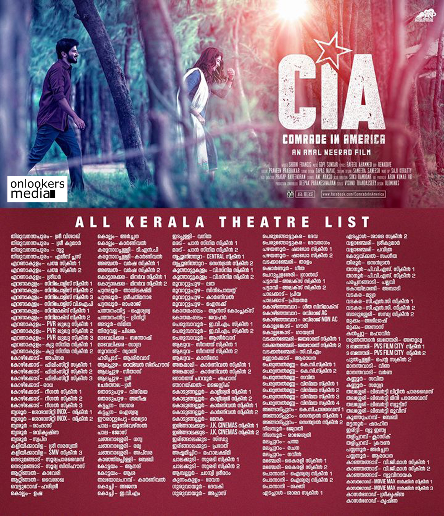 CIA theatre list, CIA malayalam movie, comrade in america, malayalam movie 2017, dulquer next movie, dulquer amal neerad, cia outside kerala theatre list