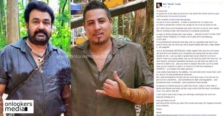 I am not a Mohanlal fan from France or the dupe for him in Pulimurugan, says stunt man Eric